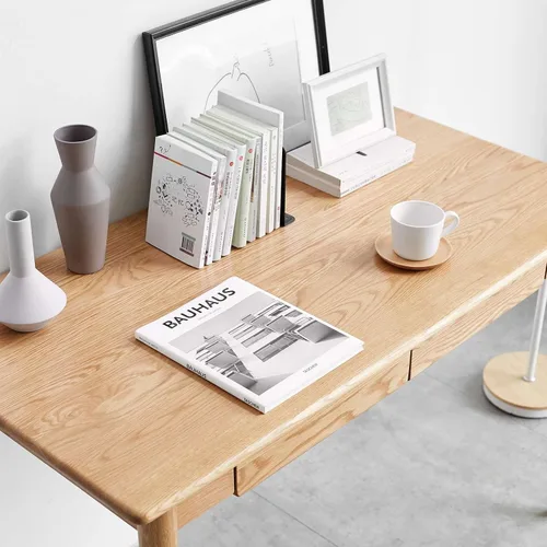 Vista 4 de Escritorio de escritura para oficina en casa, mesa de trabajo de madera maciza con 2 cajones para espacios pequeños