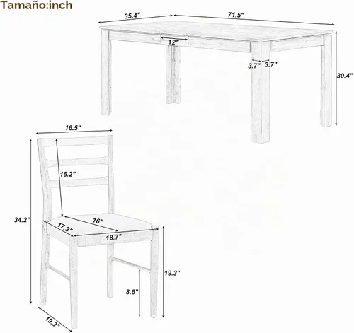 Vista 6 de Juego de comedor de madera de 7 piezas, mesa extensible multifuncional con hojas de 12 pulgadas y 2 cajones, más 6 cómodas sillas de comedor