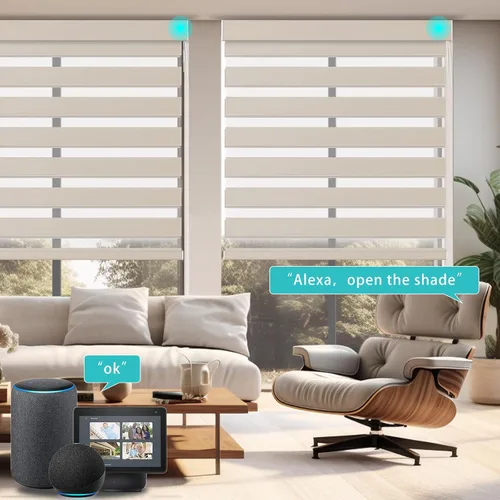 Vista 5 de Changshade Persianas Enrollables Motorizadas Inteligentes de Cebra Personalizadas para Ventanas y Puertas Interiores con Control Remoto Beige