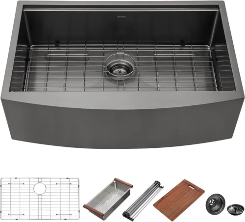 Vista 9 de Fregadero de Cocina Negro Estilo Granja - Mocoloo 33 Pulgadas Fregaderos Bajo Encimera Negro Metálico Acero Inoxidable Calibre 16 Delantal Un Solo