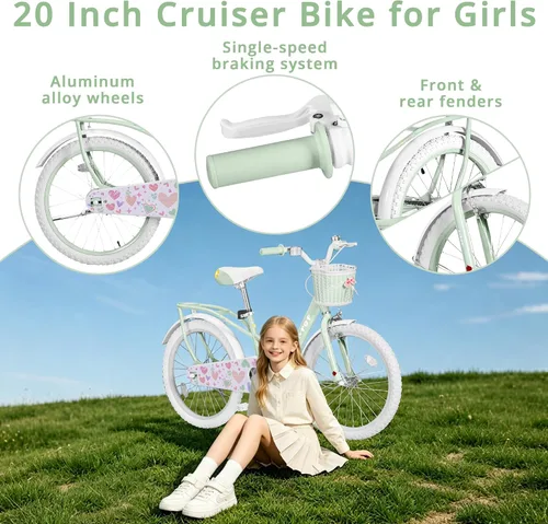 Vista 4 de Bicicleta de 20 pulgadas para niñas con canasta, bicicleta para niños de 7 a 12 años, bicicleta de crucero de playa verde y rosa para niñas, frenos