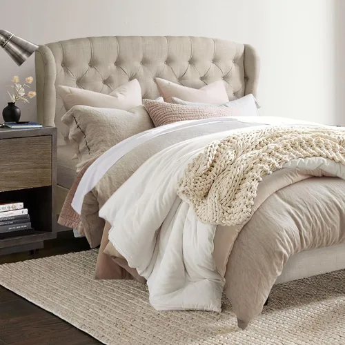 Vista 12 de Rosevera Josie Wingback - Base de cama con cabecera capitoné de altura ajustable, marco de cama tapizado de tela, soporte de listones de madera Gris