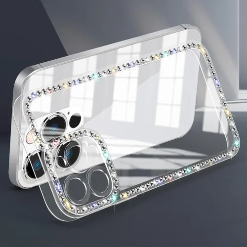 Vista 2 de Funda para iPhone 15, diseño de diamantes de imitación con purpurina, bonita para niñas y mujeres, con purpurina brillante y gemas de diseño