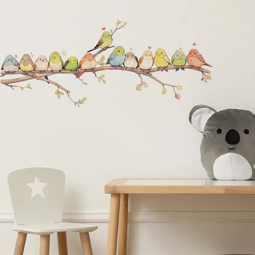 Vista 2 de Calcomanías de pared de dibujos animados con encantadores pájaros en la rama, calcomanías de pared para niños, removibles, despegar y pegar, arte