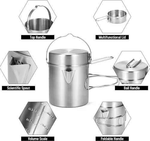 Vista 4 de Lixada Hervidor de cocina para camping, olla de acero inoxidable de 1 litro con mango plegable y cubierta de doble uso, portátil para senderismo