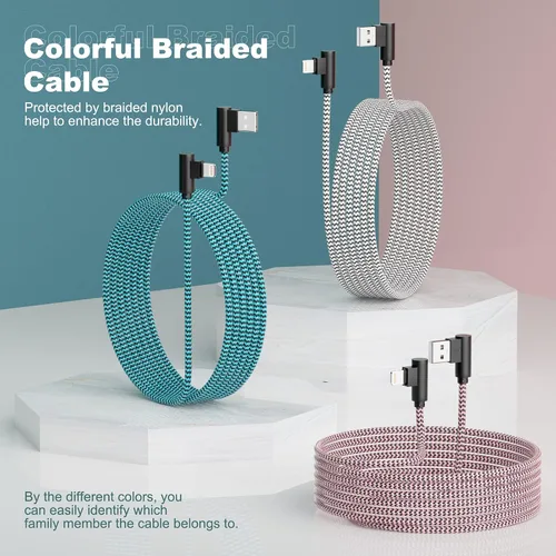 Vista 7 de Paquete de 3 cargadores de iPhone de 6 pies [certificado Apple MFi] Cable Lightning de ángulo recto de carga rápida, cable de automóvil para iPhone