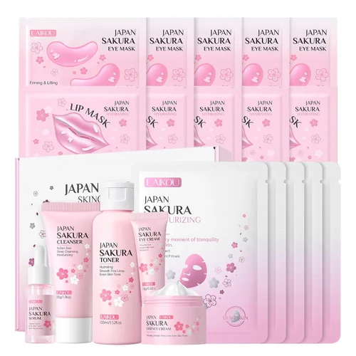 Vista 10 de LAIKOU Juego de Cuidado de la Piel JAPAN SAKURA - Juego de regalo de belleza para el cuidado de la piel con suero, crema para ojos, crema facial