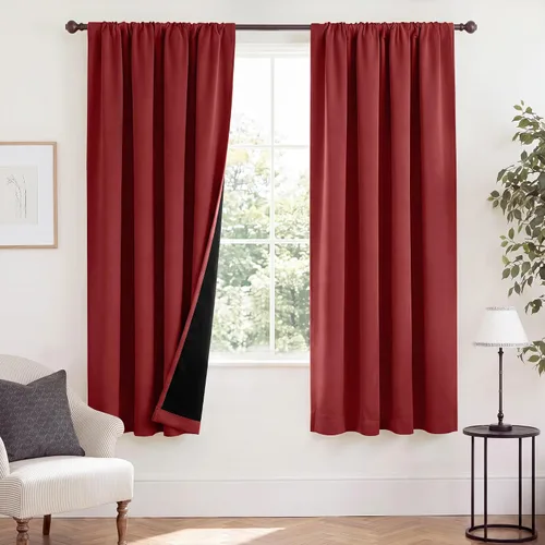 Vista 137 de NICETOWN Biscotti Beige 100% Cortinas opacas de 45" de largo para cocina, bolsillo con varilla para sótano completamente opaco, cortinas térmicas