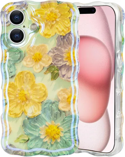 Vista 47 de IDweel Funda para iPhone 11, Lujosa Pintura al Óleo Retro Colorida con Patrón de Flores Brillantes Impresas, Lindo Borde Ondulado Rizado, Exquisita