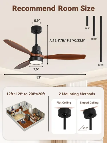 Vista 8 de Sofucor Ventilador de techo con luces y control remoto, ventilador de techo LED moderno de 52 pulgadas con 3 cuchillas de madera y 3 varillas