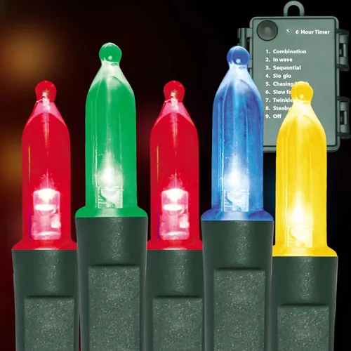 Vista 9 de 50 luces LED C6, alambre verde, estuche de batería impermeable, funciones múltiples, temporizador, blanco frío