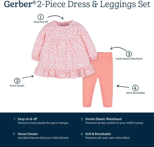Vista 5 de Gerber Conjunto de 2 piezas de vestido y leggings de manga larga para bebés y niñas pequeñas