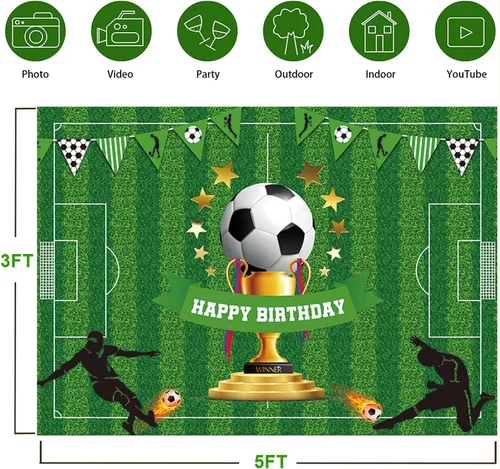 Vista 2 de Cartel de fondo de feliz cumpleaños de fútbol de 5 x 3 pies, decoraciones de fiesta temática deportiva para niños y niños, suministros de fiesta
