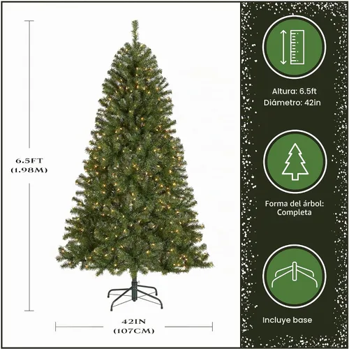 Vista 4 de National Tree Company Árbol de Navidad artificial de abeto de North Valley preiluminado de 6.5 pies, 450 luces transparentes, 816 puntas, incluye