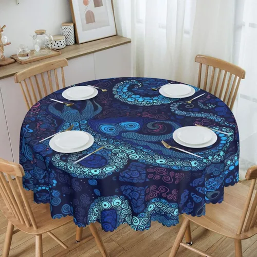 Vista 2 de Manteles redondos con estampado de pulpo azul de 60 pulgadas, impermeables, lavables, decoración de cocina, para mesa de comedor, cocina, mesa