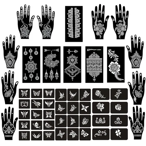 Vista 8 de Kit de Plantillas de Tatuajes Temporales de Henna de 16 Hojas, 72 PIEZAS Patrones de Animales y Flores Henna para Pintura Facial Plantillas de Arte