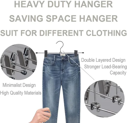 Vista 7 de Perchas para pantalones de 13.8 pulgadas, color gris oscuro, perchero con clips, clips de metal, perchas para pantalones que ahorran espacio