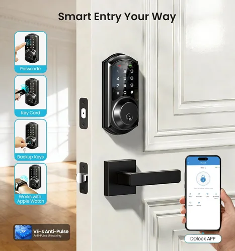 Vista 2 de Veise VE06 - Cerrojo inteligente con control de aplicación, cerradura inteligente de entrada sin llave para puerta delantera, cerradura digital