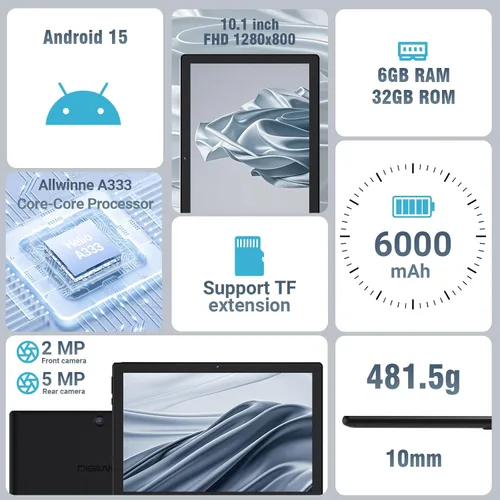 Vista 2 de DigiLand Tablet Android 15, Tablet Android de 10.1" con procesador Octa-core 6GB RAM+32GB ROM (Soporte Expand TF) Cámara frontal de 2MP/posterior