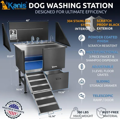 Vista 2 de KANIS Estación profesional de lavado de perros – Fregadero de lavado de mascotas de acero inoxidable 304 y bañera de aseo con ducha, rejillas