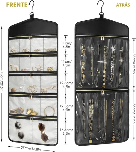 Vista 5 de CHICECO Organizador Soporte de Joyas de Viaje, Organizador de Joyas Colgante de Almacenamiento Con Bolsillos con Cremallera para Armario, Pared