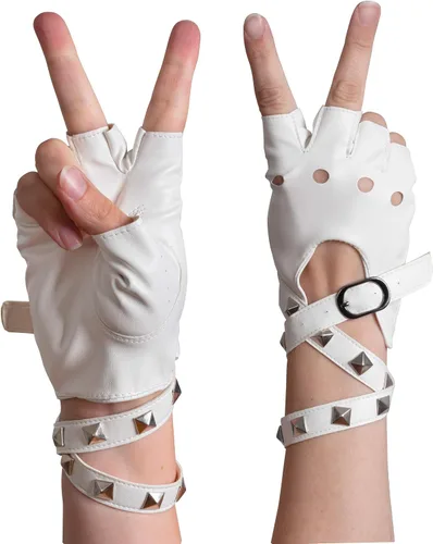 Vista 5 de Skeleteen Guantes blancos punk sin dedos, guantes de motociclista de piel sintética con cierre de cinturón y diseño de remaches para mujeres y niños