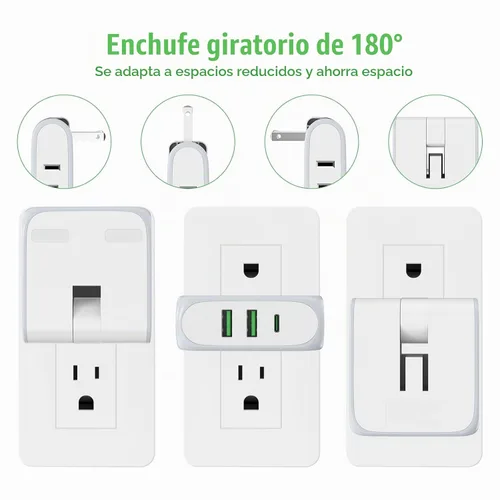 Vista 2 de Extensor de salida de pared plana con puertos de carga USB, tira de alimentación giratoria de 180°, 2 puertos USB, enchufe plegable de 2 clavijas