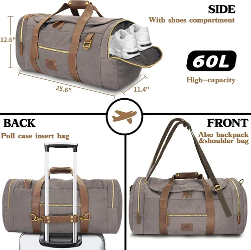 Vista 3 de Nomad - Bolsas de viaje de 50 litros para hombre, bolsa de lona de lona vintage de cuero genuino, bolsa de viaje multifuncional para fines de semana