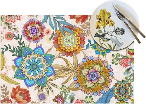 Vista 5 de Juego de 4 manteles individuales florales bohemios de lino de 12 x 18 pulgadas, manteles individuales de flores coloridas para cocina, mesa
