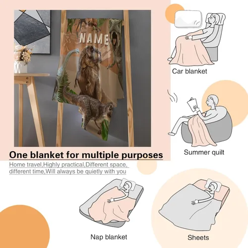 Vista 29 de Manta de regalo personalizada de dinosaurio con nombre para niñas, niños, recién nacidos, dinosaurio, manta personalizada para envolver al bebé