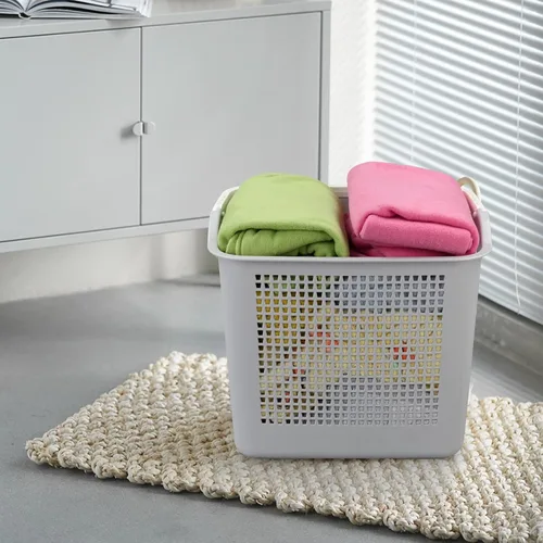 Vista 6 de Paquete de 4 cestas de plástico para ropa sucia de 35 L, cesta de almacenamiento con asa, color gris