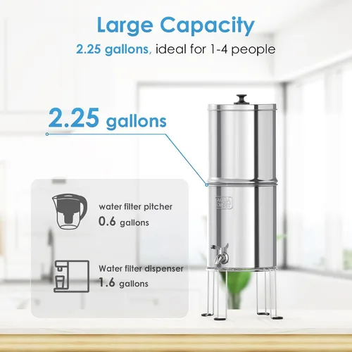 Vista 8 de Sistema de filtro de agua por gravedad AQUA CREST, sistema de mostrador de acero inoxidable 304 con 4 filtros y soporte antideslizante, reduce