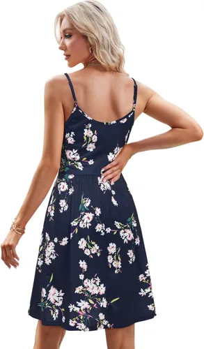 Vista 4 de Styleword - Vestido informal de verano para mujer con vuelo, de estampado floral o liso, con cuello en V, tirantes delgados y con bolsillos