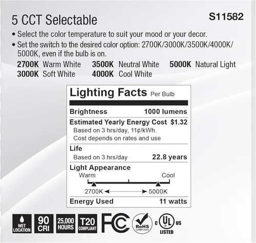 Vista 6 de Satco S11582; LED PAR30SN de 11 vatios; base media; acabado plateado; CCT seleccionable; 120 voltios; ángulo de haz de 25 grados