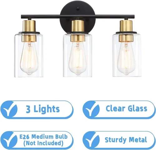 Vista 2 de Lámpara de tocador de 3 luces negra y dorada sobre el espejo, lámparas de pared de baño con pantalla de vidrio transparente que incluye base mediana