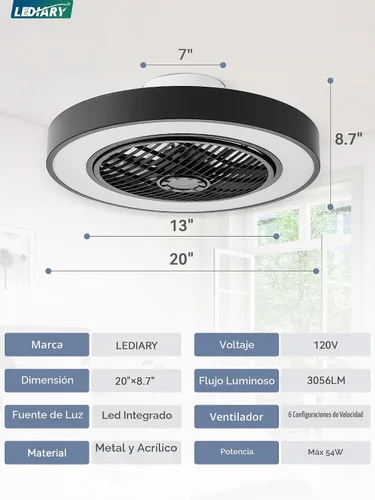 Vista 6 de LEDIARY Ventiladores de techo de perfil bajo de 20 pulgadas con luces, ventilador de techo sin aspas LED, ventilador de techo cerrado de montaje