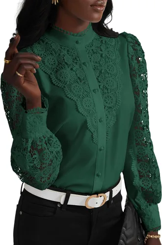 Vista 15 de Rooscier Blusa Elegante de Encaje de Crochet con Cuello Alto Simulado de Manga Larga con Botones para Mujer Top