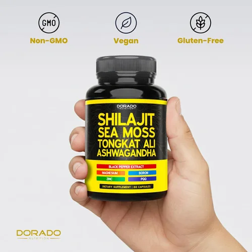 Vista 7 de Suplemento Shilajit para hombres y mujeres con musgo marino, Ashwagandha, Tongkat Ali, boro, zinc, PQQ, pimienta negra, magnesio, ácido fúlvico