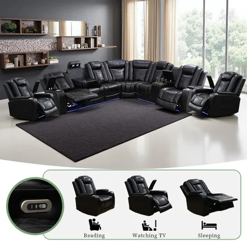 Vista 6 de Juego de sofá de cuero transpirable con puerto USB, 5 sofás seccionales reclinables en forma de L y 2 sillas, juego de sofá seccional reclinable