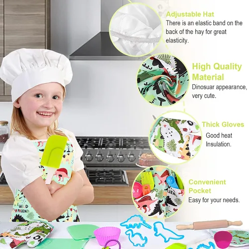 Vista 3 de TEUVO Juego de chef para hornear para niños, 35 piezas con delantal de dinosaurio y manopla, juego de rol, juego de juguetes de cocina para niños