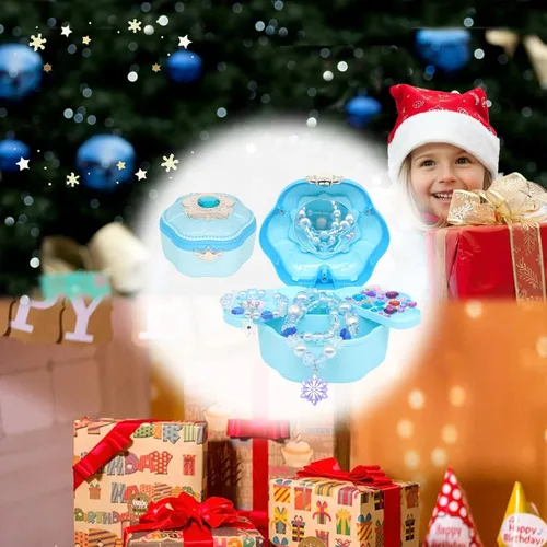 Vista 7 de Joyero musical para niños y niñas, conjunto de joyas de princesa, collar, pulsera, anillo de princesa, conjunto de regalo, azul