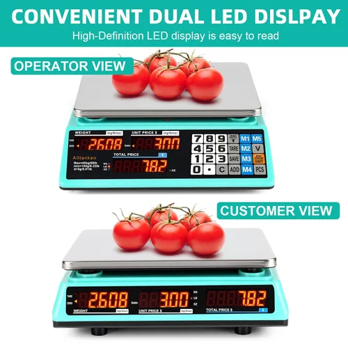 Vista 5 de Báscula comercial de alimentos de 88 libras y 66 libras, calculadora de precios, conteo preciso y pantalla LED doble, báscula digital de cálculo