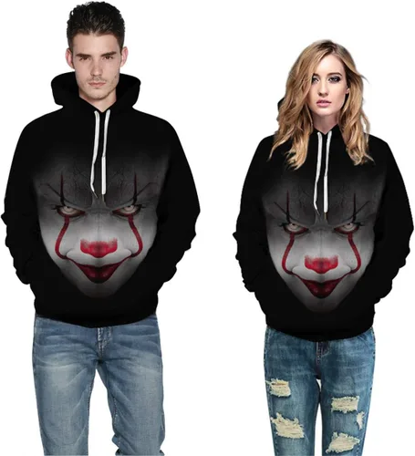 Vista 5 de ZXTXGG Suéter unisex con estampado digital 3D, ojos aterradores, cara de payaso con capucha para parejas