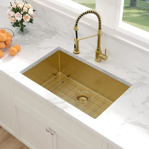 Vista 3 de Sarlai Gold Fregadero de Cocina Empotrado - Fregadero de Cocina de 28 Pulgadas Empotrado de Acero Inoxidable Dorado Tazón Individual de 28" x 19