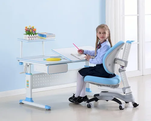 Vista 2 de ApexDesk Little Soleil DX 43 pulgadas de ancho, escritorio de estudio para niños con altura ajustable, con estante y cajón integrado