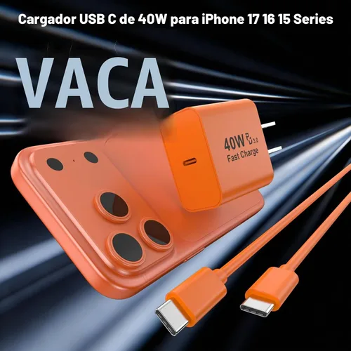 Vista 2 de [Certificado MFi de Apple] Cargador para iPhone 17 Pro Max de carga rápida, bloque de carga USB C de 40 W con cable de carga tipo C extra largo