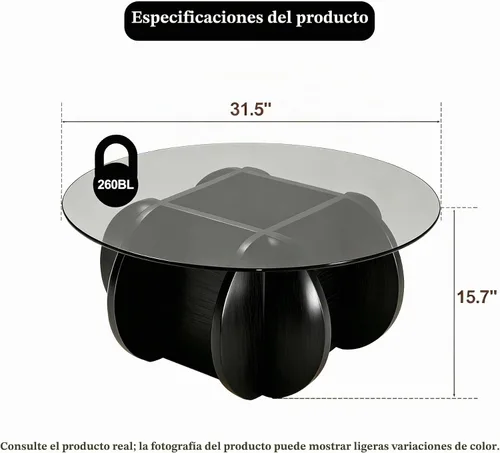 Vista 2 de Mesa de centro negra, mesa de centro redonda de vidrio de 31.5 pulgadas para sala de estar, mesa de centro moderna de mediados de siglo, mesa