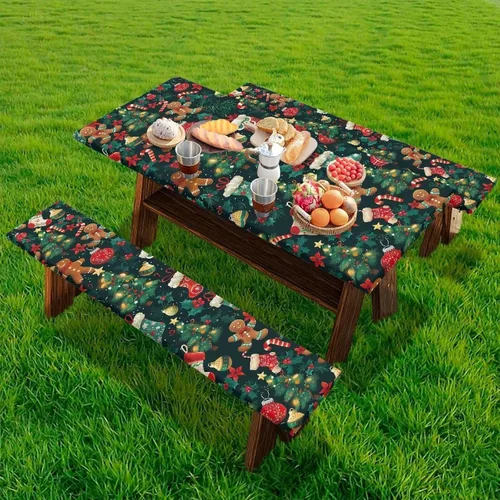 Vista 2 de Juego de 3 calcetines de árbol de Navidad de dibujos animados y galletas, funda de mesa de picnic ajustable con funda de banco, manteles Calcetines