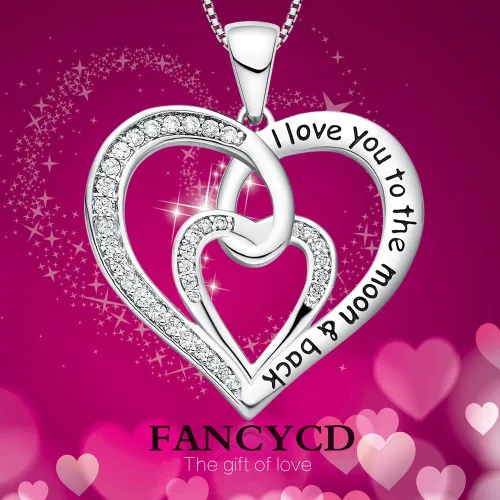 Vista 2 de FANCYCD - Collar con dije de corazón con texto en inglés "I Love You to the Moon and Back