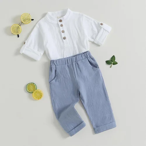 Vista 2 de Conjunto de camisa de manga larga con cuello de banda de algodón y lino para bebé y niño, pantalones casuales para otoño e invierno